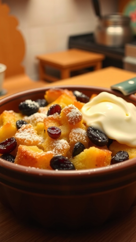 A warm bowl of bread pudding with raisins, topped with powdered sugar and served with vanilla ice cream.